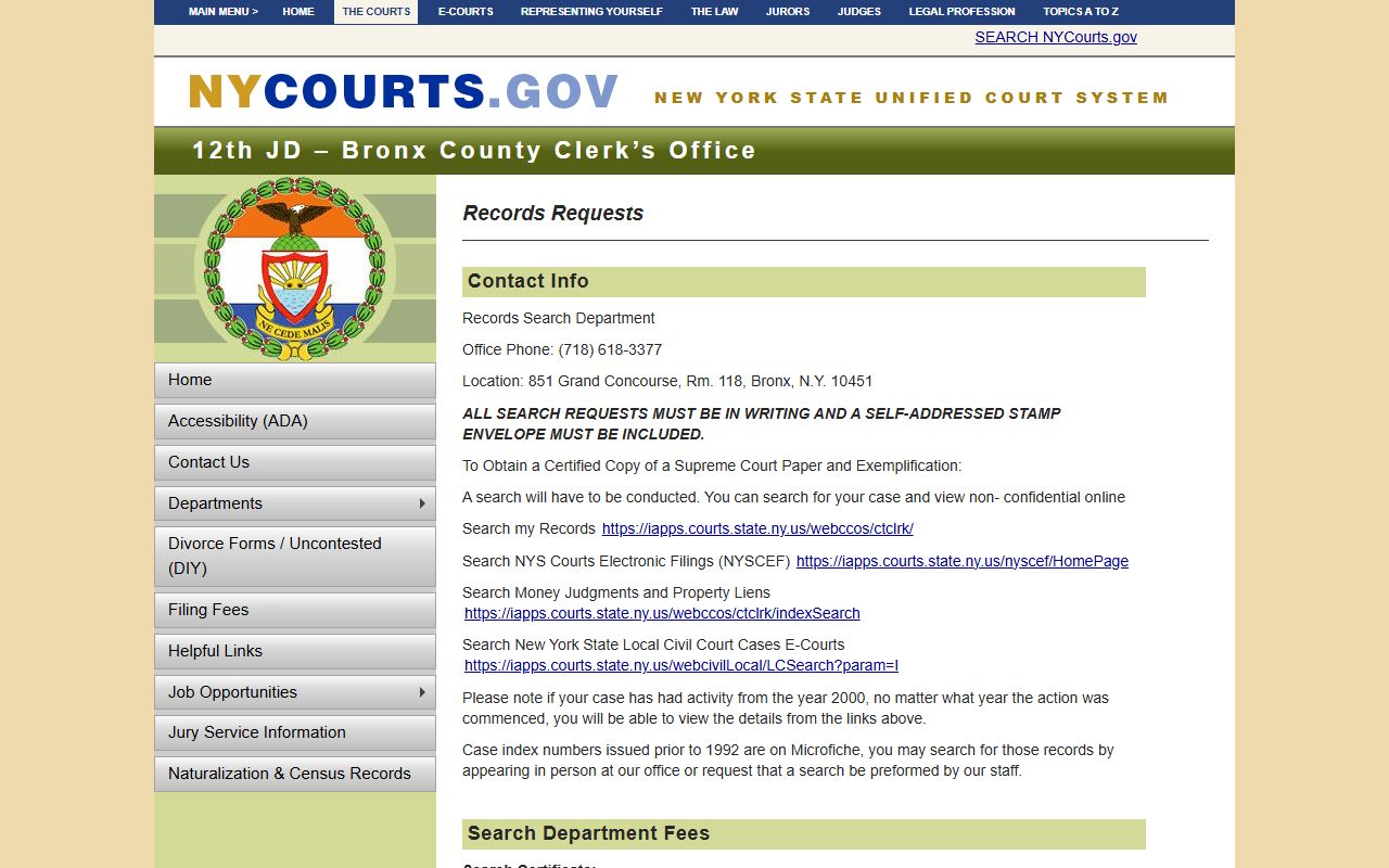 Bronx County Clerk records request page for Bronx County divorce records