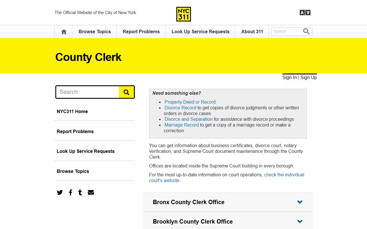 NYC 311 Bronx County Clerk information for divorce records