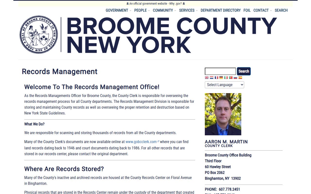 Broome County Clerk records management page for divorce records