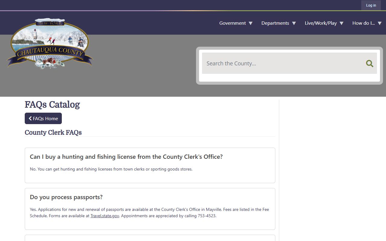 Chautauqua County Clerk FAQ page for divorce records information