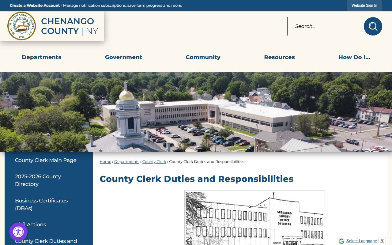 Chenango County Clerk duties and responsibilities page for divorce records