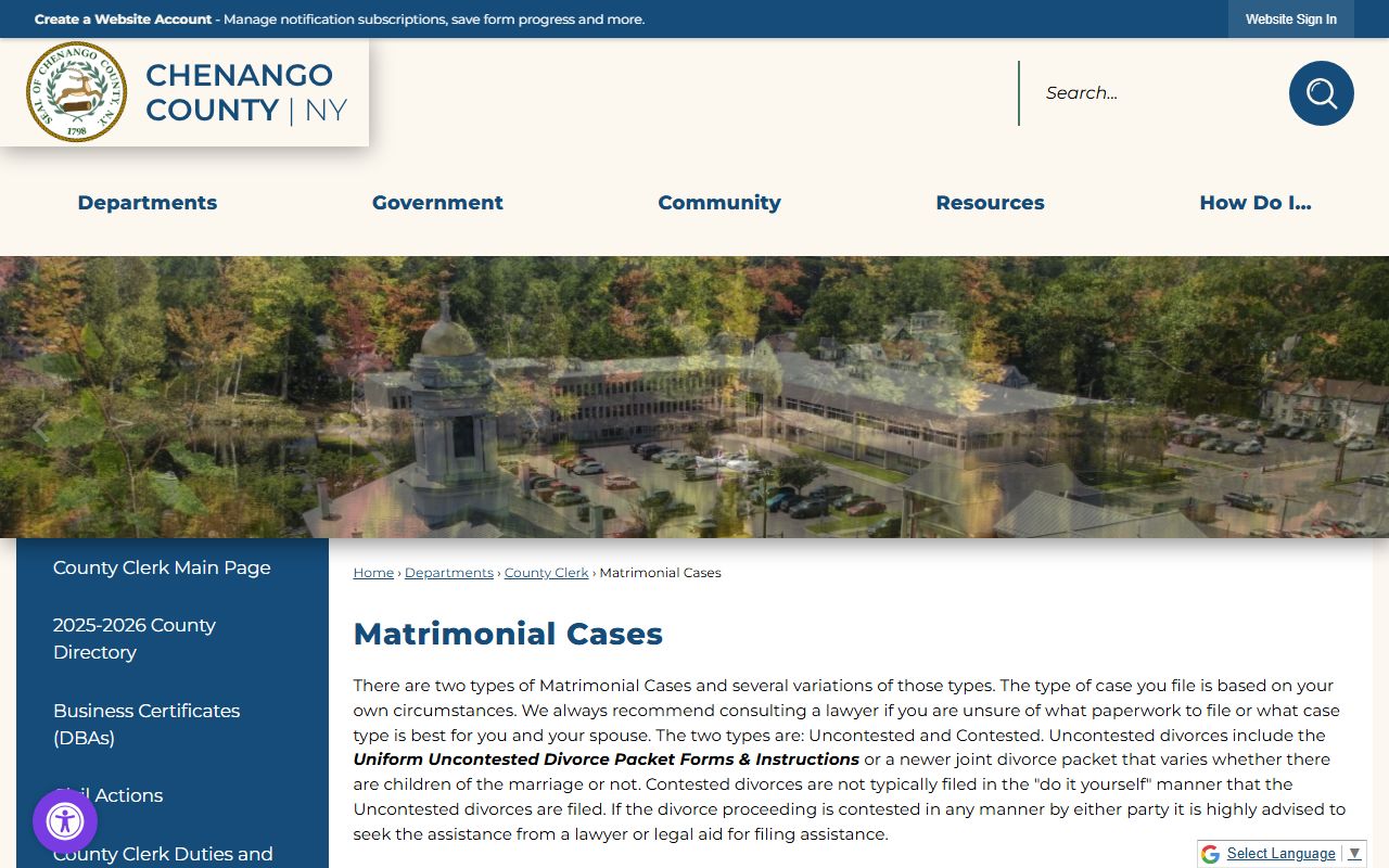 Chenango County matrimonial cases page for divorce records information