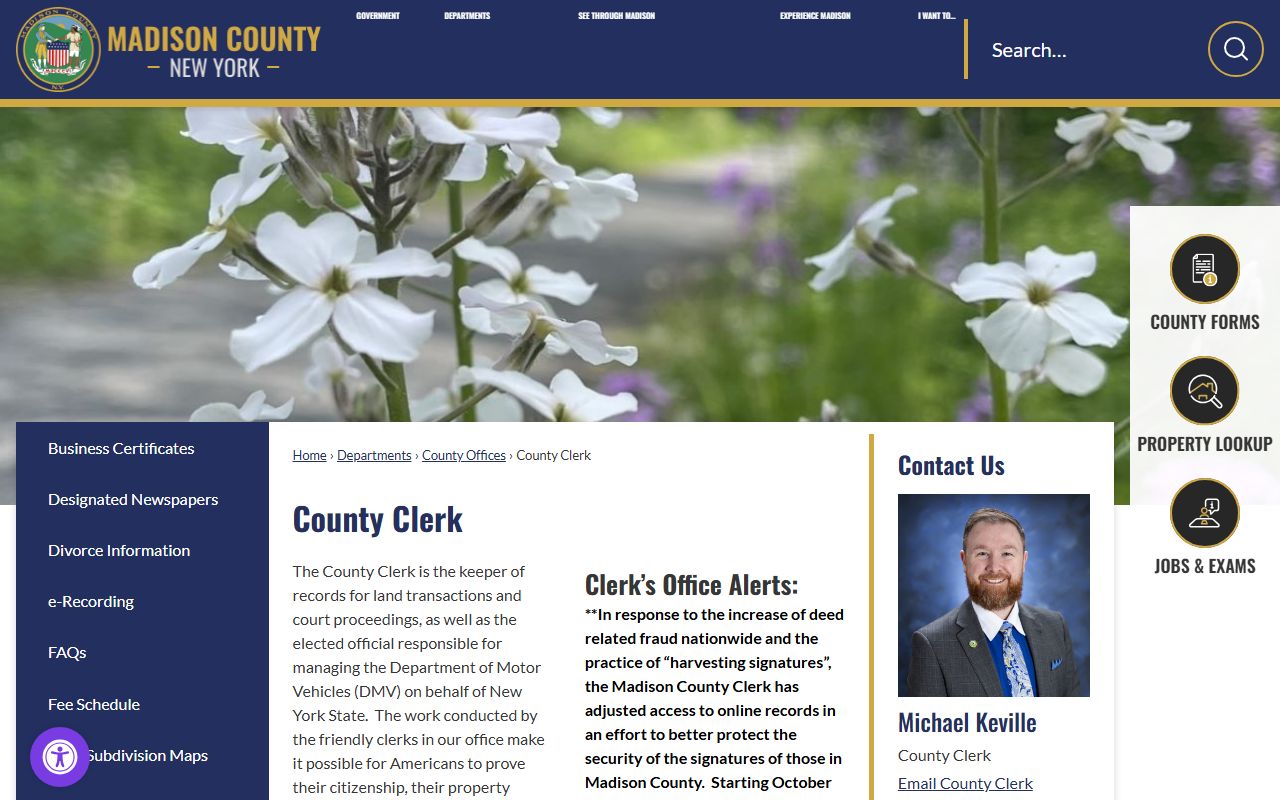 Madison County Clerk office for divorce records in Wampsville