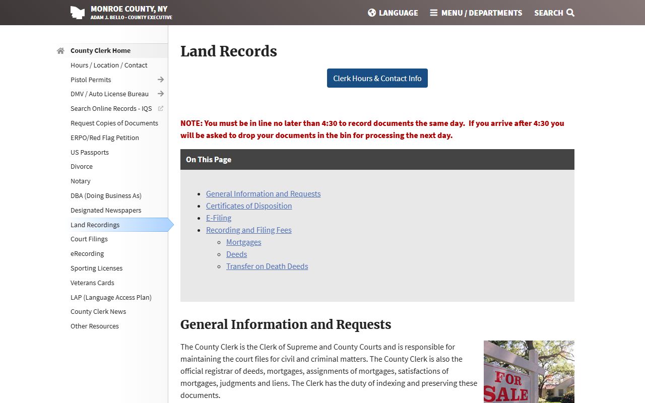 Monroe County Clerk records page for divorce records in Rochester