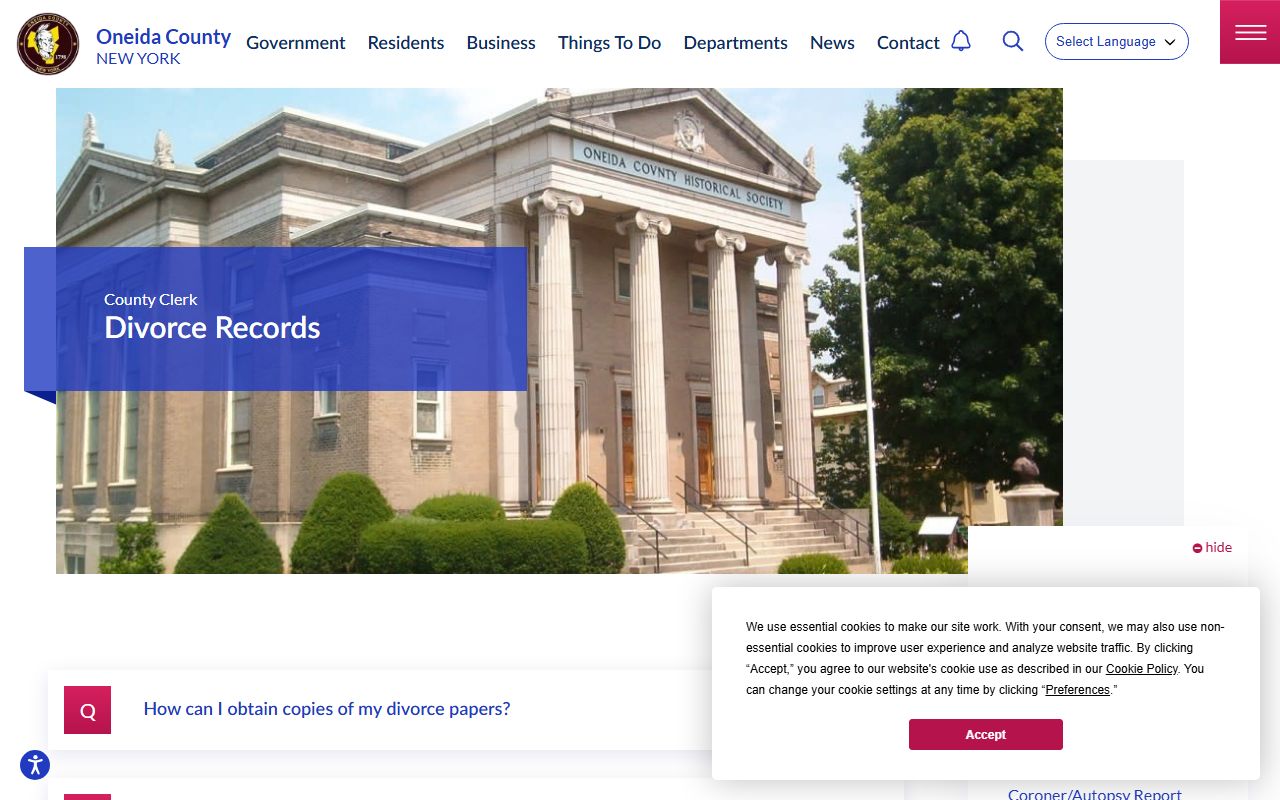 Oneida County Clerk divorce records page in Utica