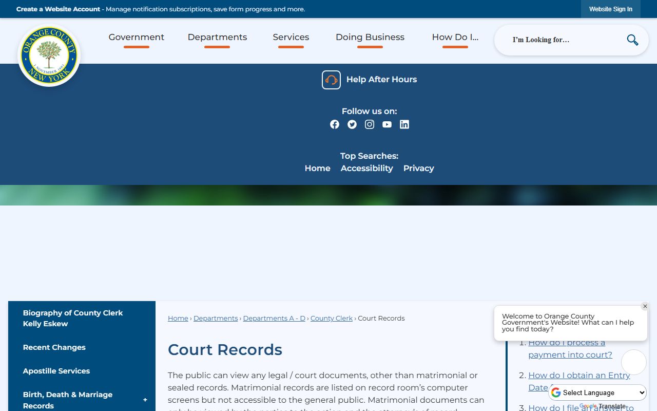 Orange County Clerk court records page for Orange County divorce records