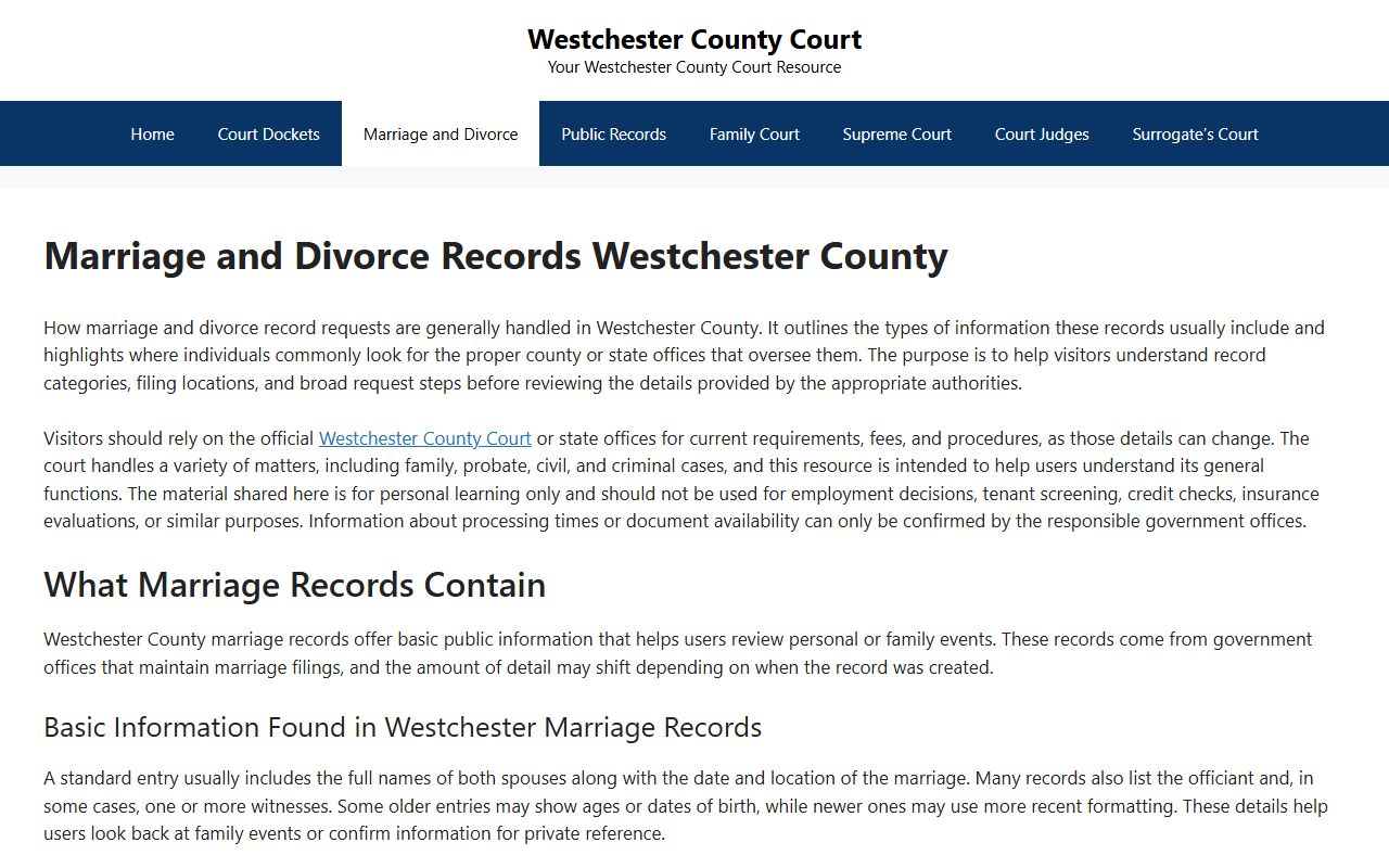 Westchester County Courts marriage and divorce page for Yonkers divorce records