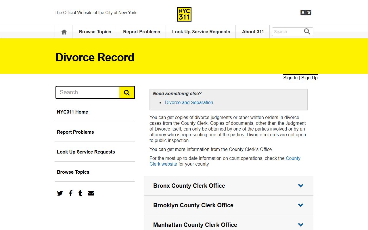 NYC 311 divorce records information for New York City divorce records