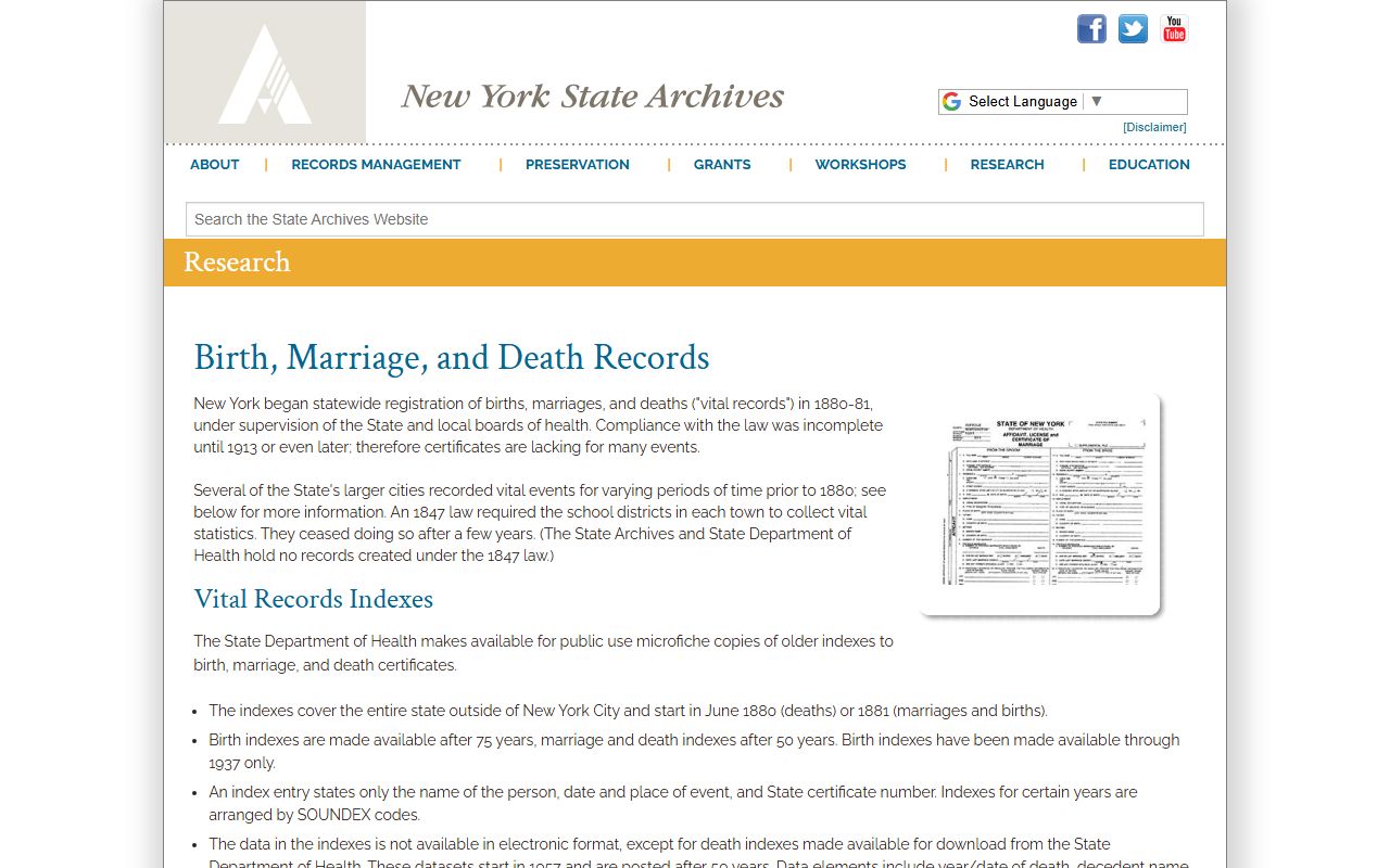 St. Lawrence County divorce records NYS Archives birth marriage death records page