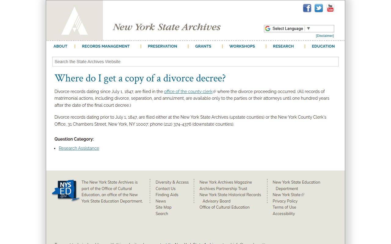 NYS Archives divorce decree information page for divorce records