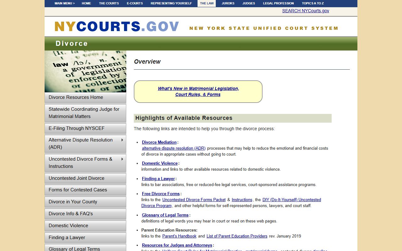 NYS Courts divorce forms page for filing divorce records