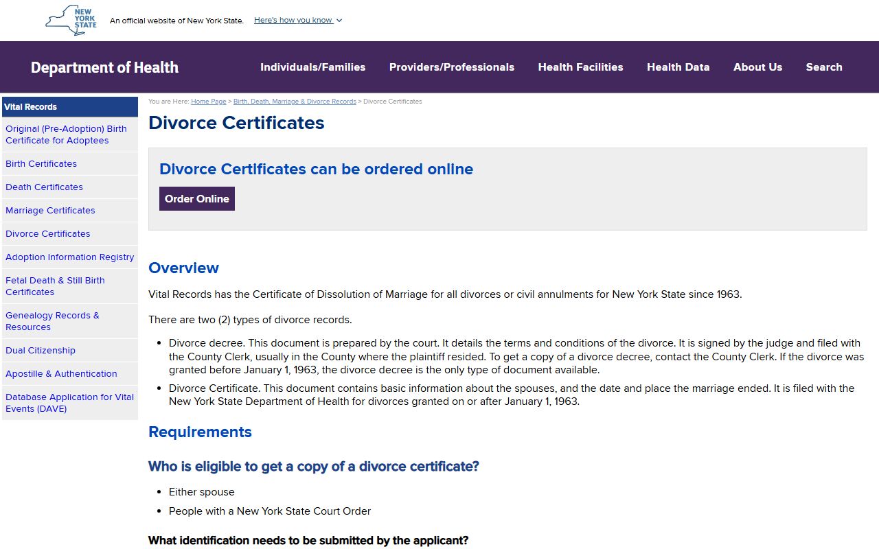 New York State Department of Health divorce certificates page for divorce records