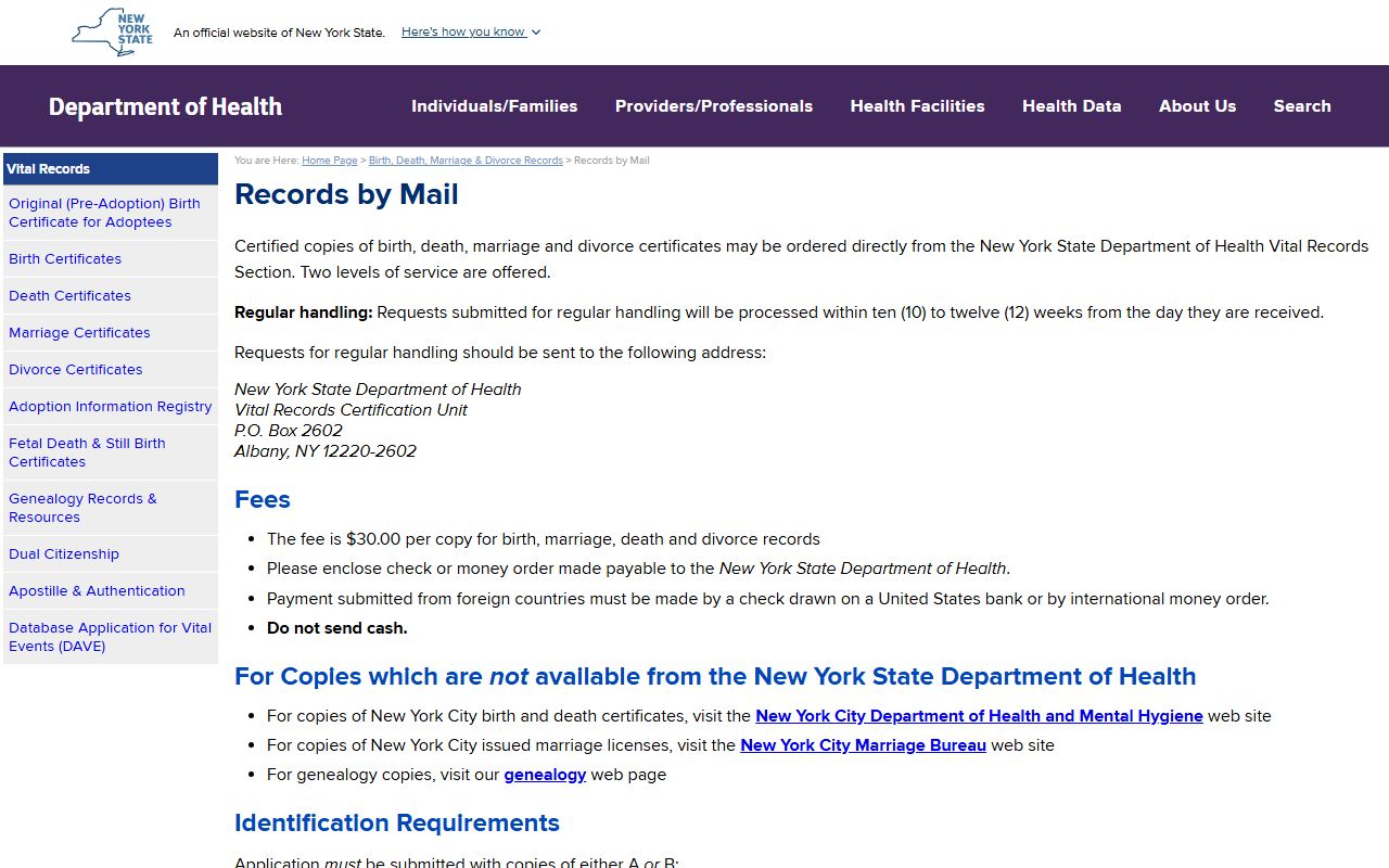 NYS Department of Health mail requests page for divorce records