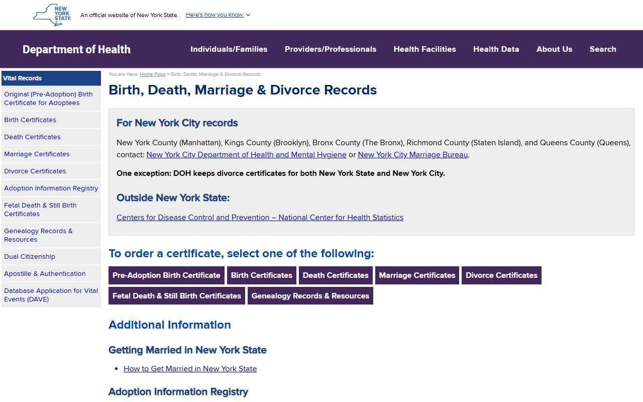 NYS Department of Health vital records overview for Amherst divorce records