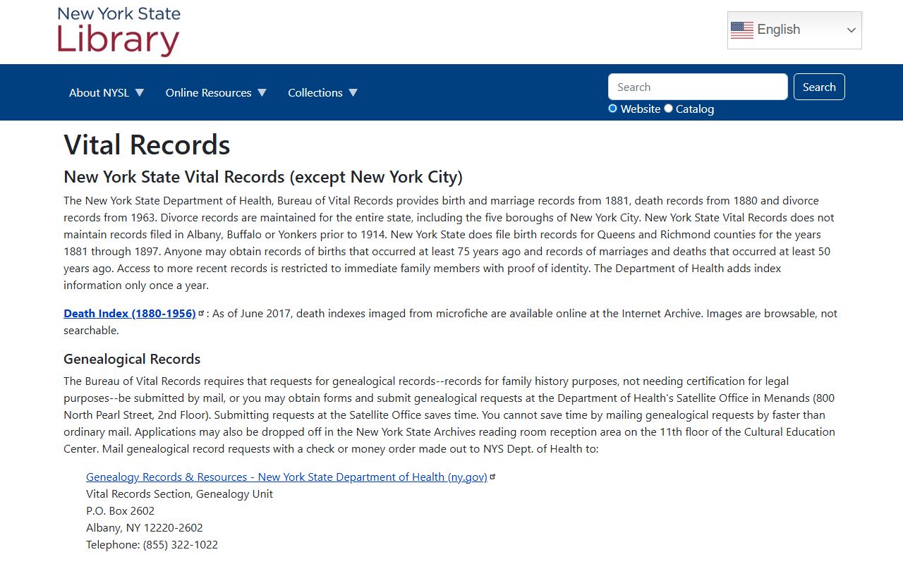 New York State Library vital records page for divorce records research